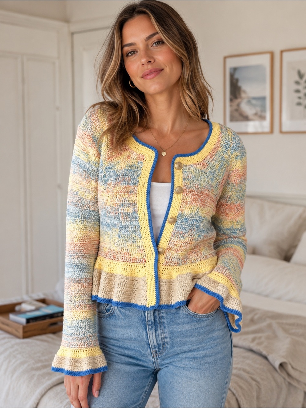 HUNTER BELL Multi-Color Knit Peplum Cardigan with Yellow & Blue Trim
